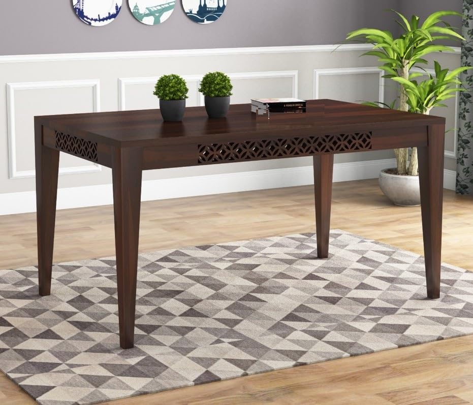 THE WOODEN CITY Wooden Solid Sheesham Wood Dining Table 6 Seater | Dining Room Furniture | 6 Seater Dining Table Without Chair - Walnut CNC