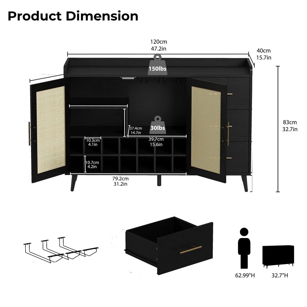 Rattan Cane Solid Sheesham Wood Bar Cabinet Wine Storage Rack with Drawer & Glass Holder, Wooden for Home and Bar Furniture (Walnut)