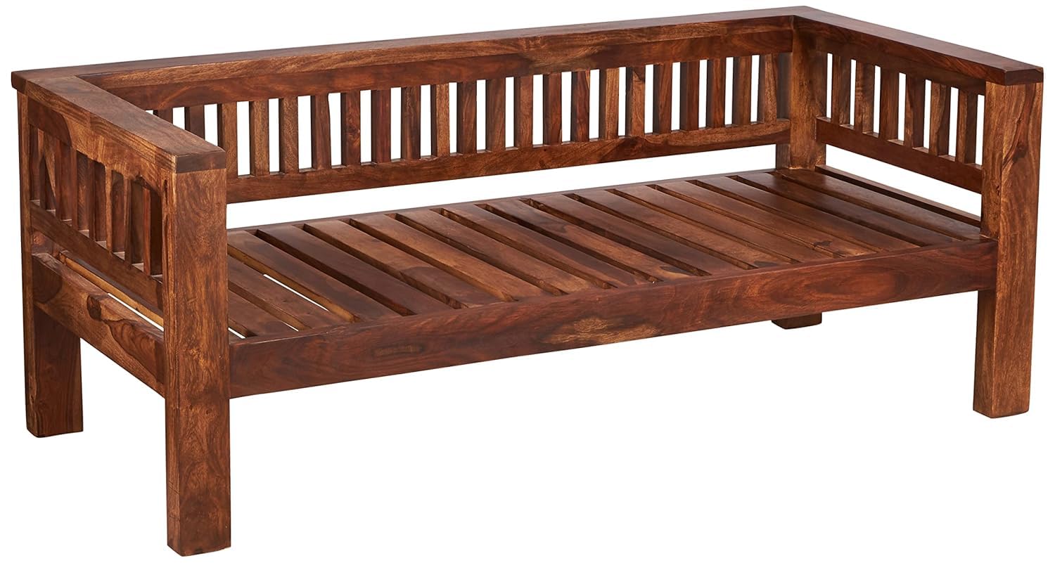 THE WOODEN CITY Solid Sheesham Wood 2-Seater Sofa with Cushions (Natural Finish)