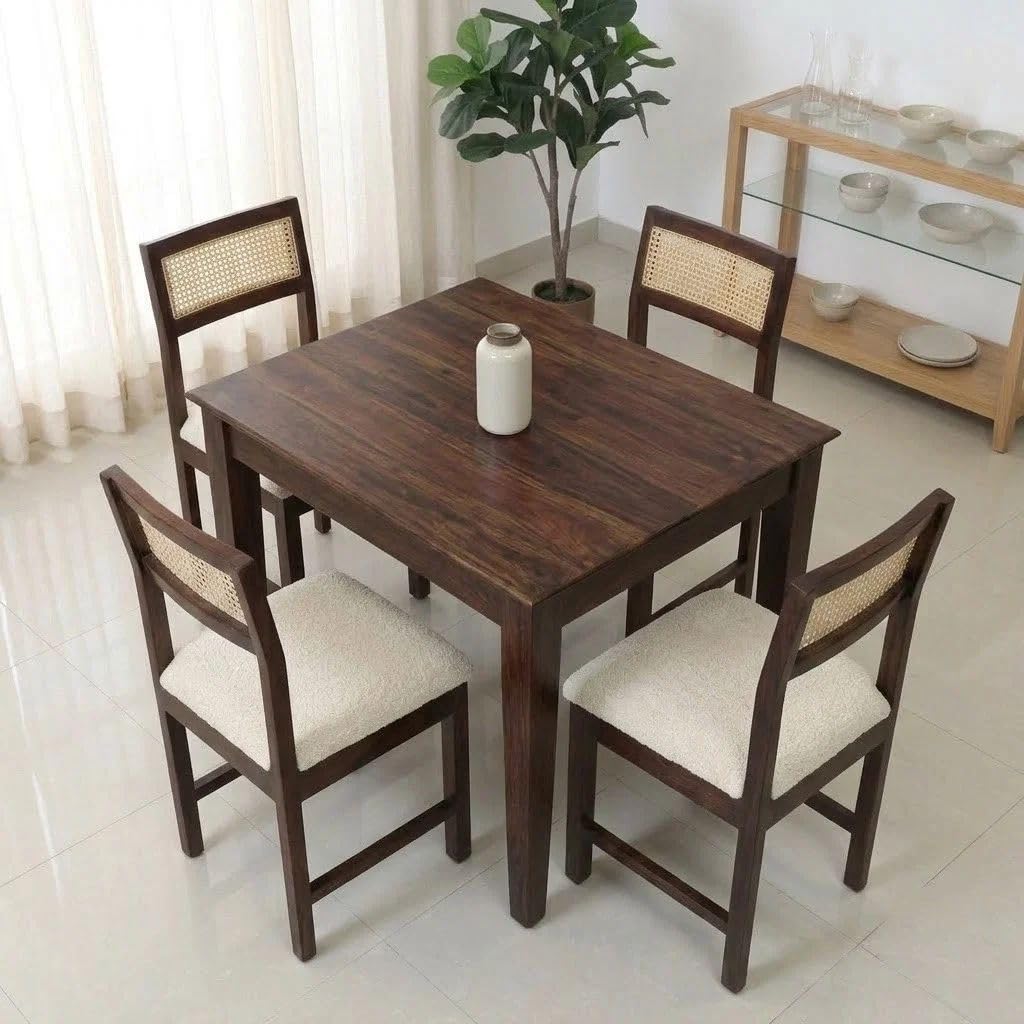 Arden Solid Sheesham Wood & Cane Dinner Set Table with Chair |Wooden Dining Table Set with Cushioned Chairs for Dining Room | Living Room | Home & Office -Walnut