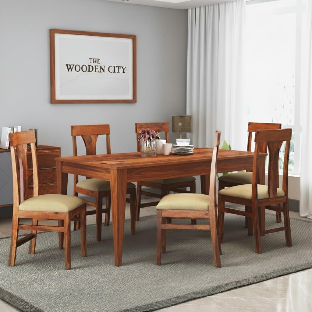 Solid Sheesham Wood 6 Seater Dining Table | Wooden Dining Room Set (Honey Finish) (Honey, 6 Seater)