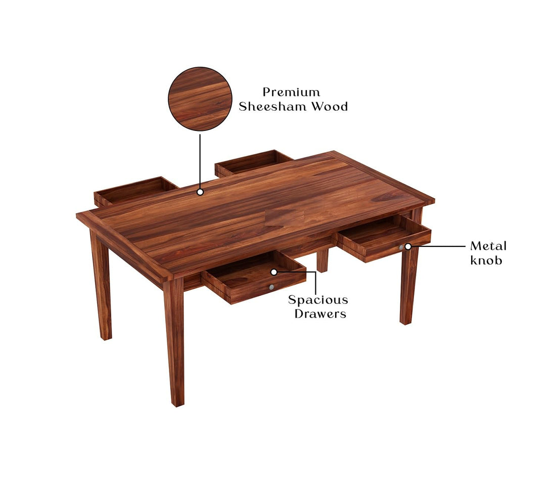 THE WOODEN CITY Wooden Storage Dining Table Solid Sheesham Wood 6 Seater | Dining Room Furniture - Walnut/Honey