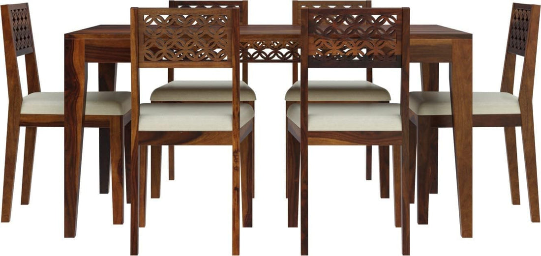 THE WOODEN CITY Sheesham Wood CNC 6 Seater Dining Table with Chairs