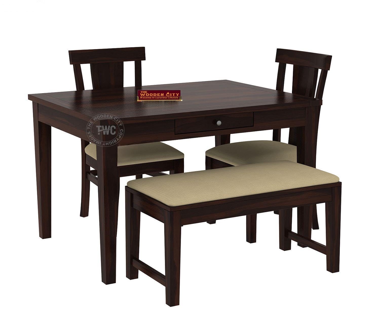 THE WOODEN CITY®️ Solid Sheesham Wood Dining Table 4 Seater Set with 2 Chairs & 1 Bench & Drawer Storage Dinner Table Set