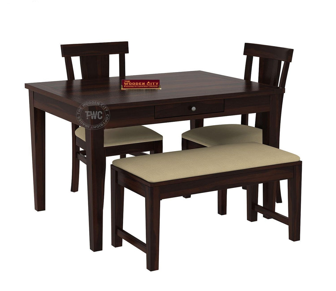 THE WOODEN CITY®️ Solid Sheesham Wood Dining Table 4 Seater Set with 2 Chairs & 1 Bench & Drawer Storage Dinner Table Set