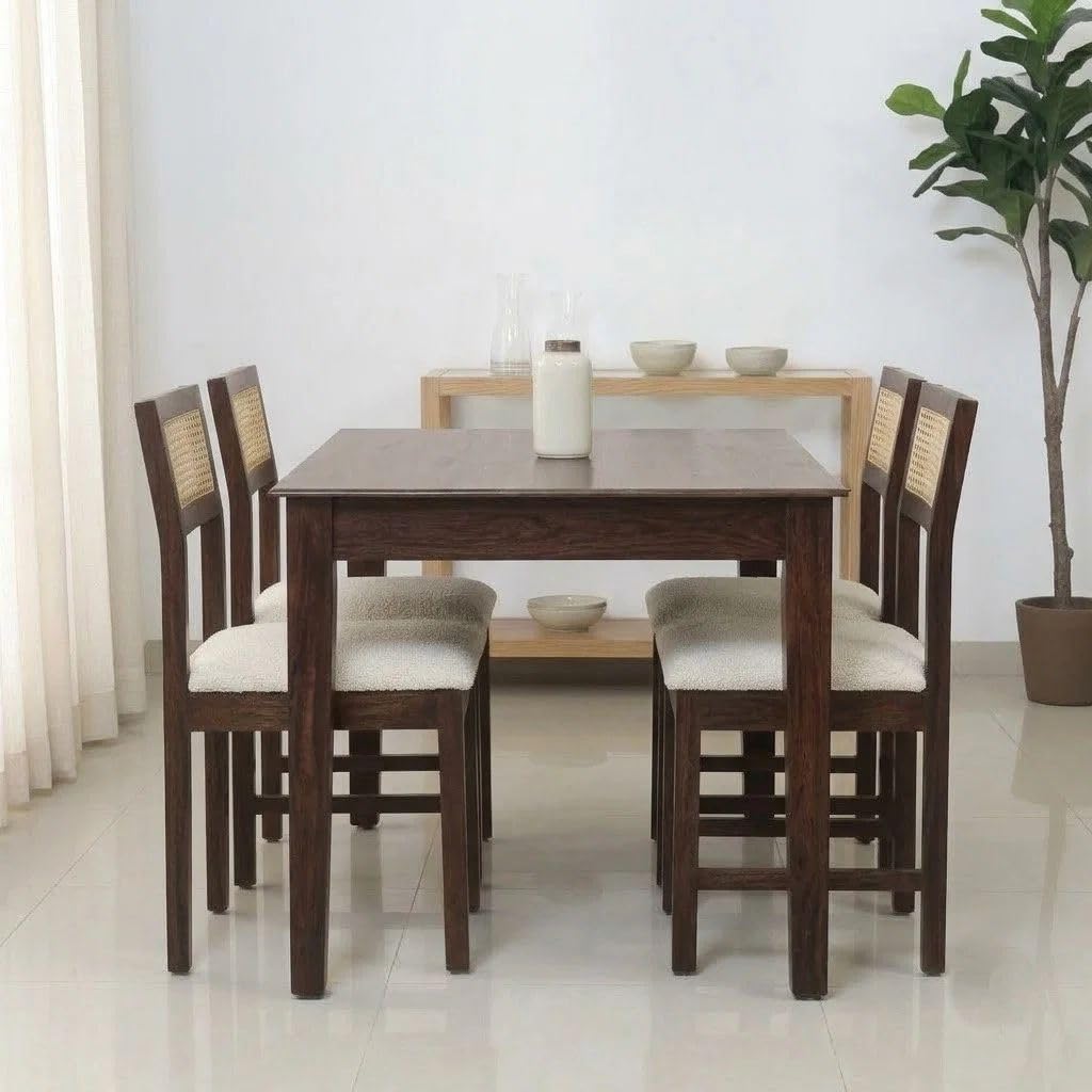 Arden Solid Sheesham Wood & Cane Dinner Set Table with Chair |Wooden Dining Table Set with Cushioned Chairs for Dining Room | Living Room | Home & Office -Walnut