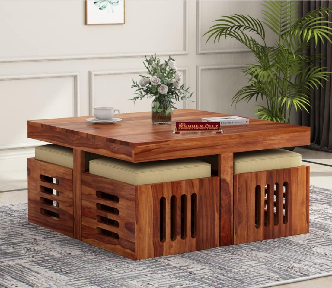 Solid Sheesham Wood Coffee Table with 4 Relaxing Cushion Stool for Living Room | Wooden Table| Small Space Center Table to Look Like Royal Outdoor and Indoor (Honey)
