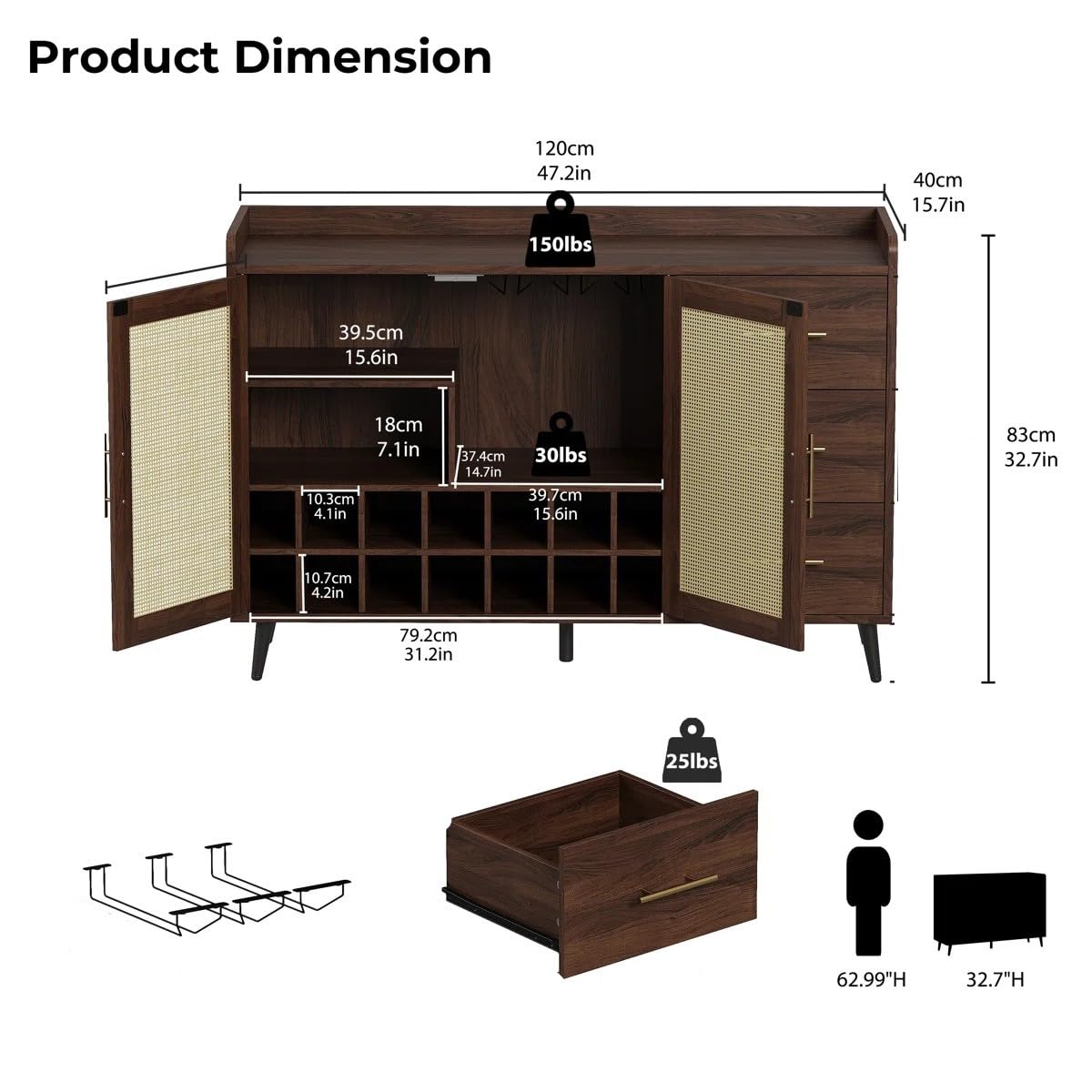 Rattan Cane Solid Sheesham Wood Bar Cabinet Wine Storage Rack with Drawer & Glass Holder, Wooden for Home and Bar Furniture (Honey)