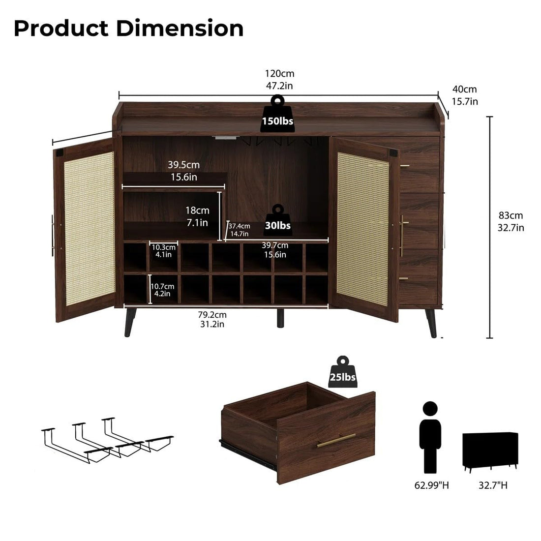 Rattan Cane Solid Sheesham Wood Bar Cabinet Wine Storage Rack with Drawer & Glass Holder, Wooden for Home and Bar Furniture (Honey)