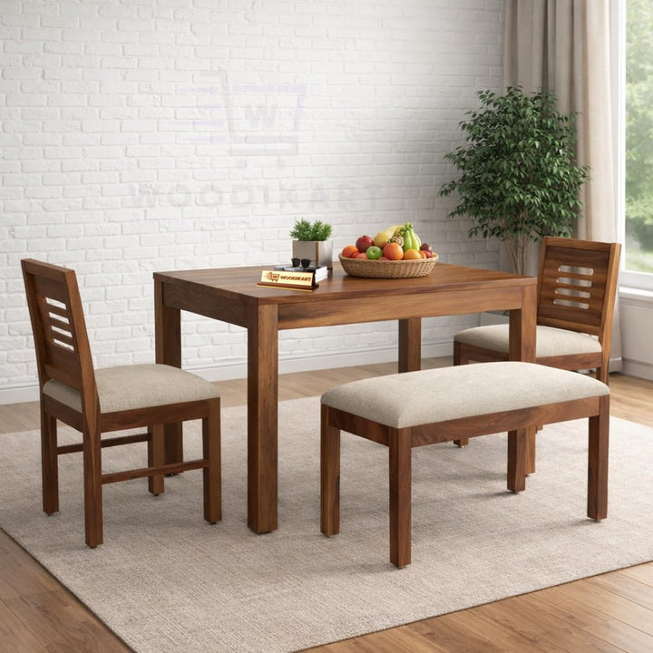 4 seater Solid Sheesham Wood Dining Table with 2 Chairs & 1 Bench | Wooden Dinner Table Set for Dinning Room Home & Hotel| Modern Dining Room Set | Customer Self Assembly (Honey B, 4 Seater)