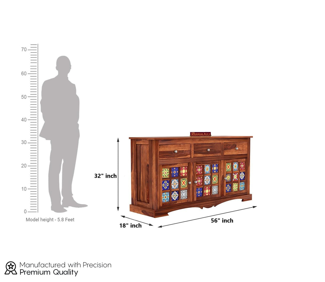 THE WOODEN CITY Solid Sheesham Wood Sideboard Tv Cabinet for Living Room | Free Standing Movable Tv Unit Side Board Table with Drawer Storage Furniture for Home