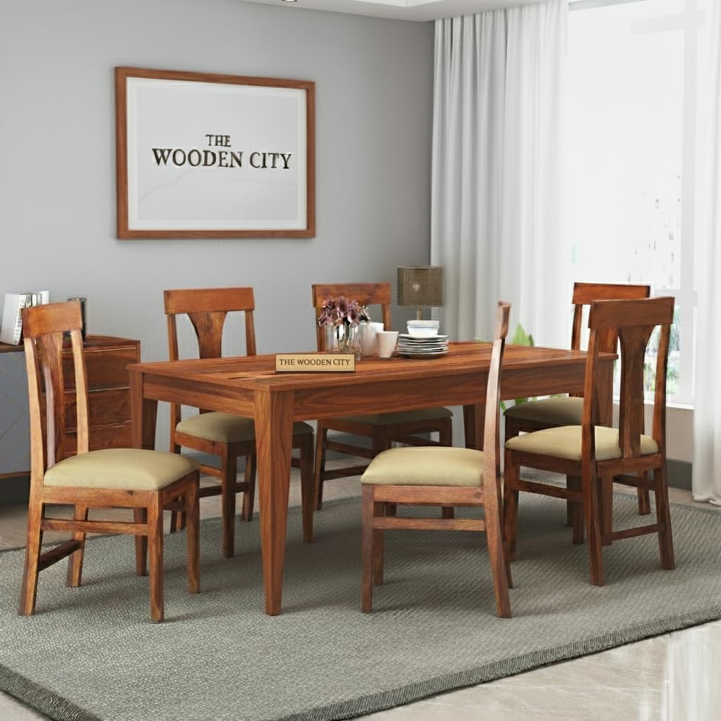 Solid Sheesham Wood 6 Seater Dining Table | Wooden Dining Room Set (Honey Finish) (Honey, 6 Seater)