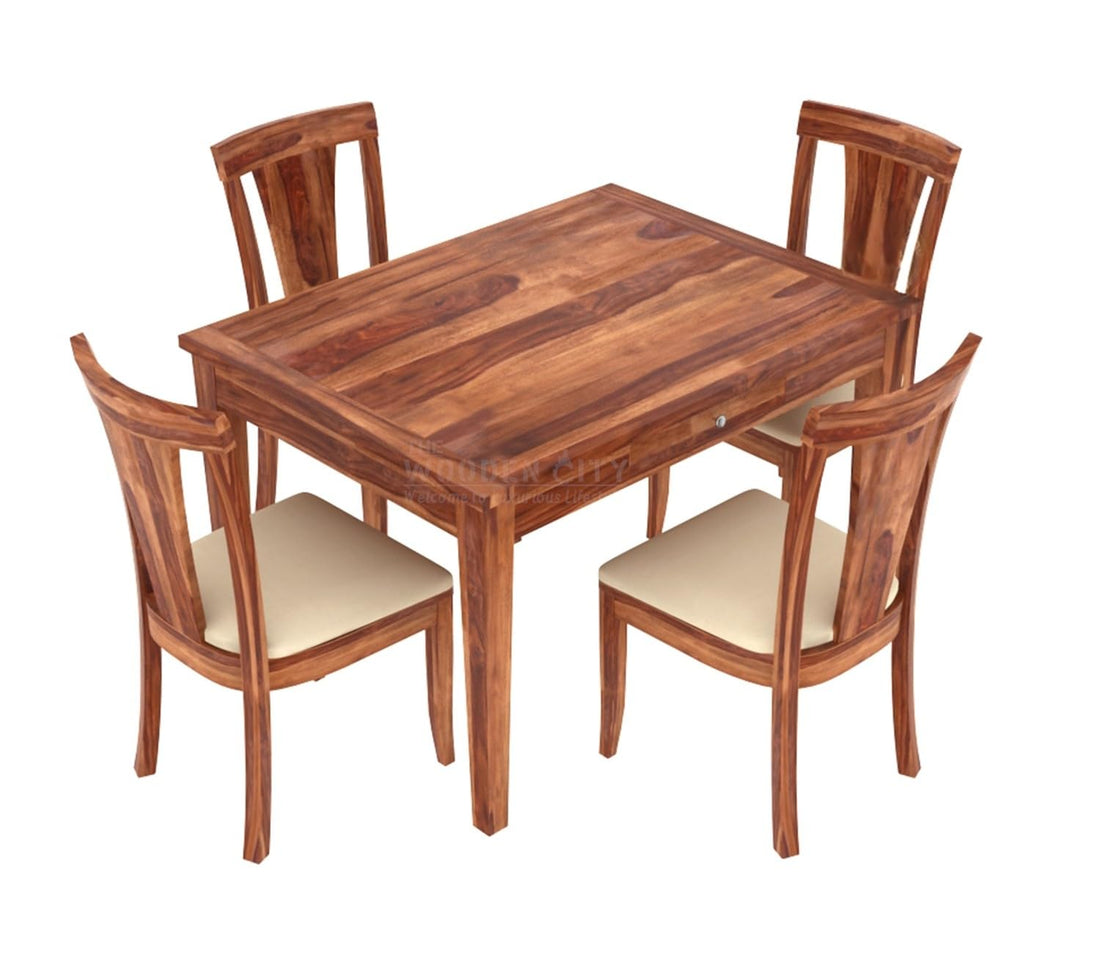 THE WOODEN CITY Solid Sheesham Wood 4 Seater Dining Set Dining Table Set with Cushioned Chairs and Drawer Storage for Dining Room | Living Room | Home & Office | Hotels Restaurant(HONEY)