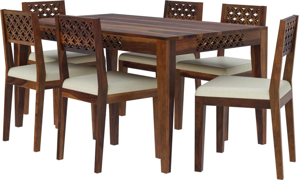 THE WOODEN CITY Sheesham Wood CNC 6 Seater Dining Table with Chairs