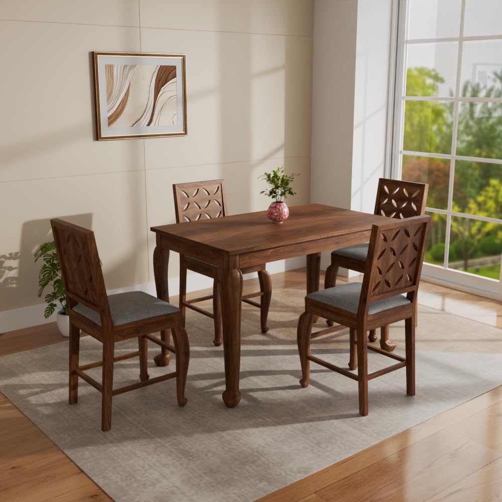 THE WOODEN CITY Sheesham Wood 4 Seater Dining Set | Table with Includes Cushion Chairs | Solid Wood Dining Table Set for Dining Room (Honey Cou, 4 Seater)