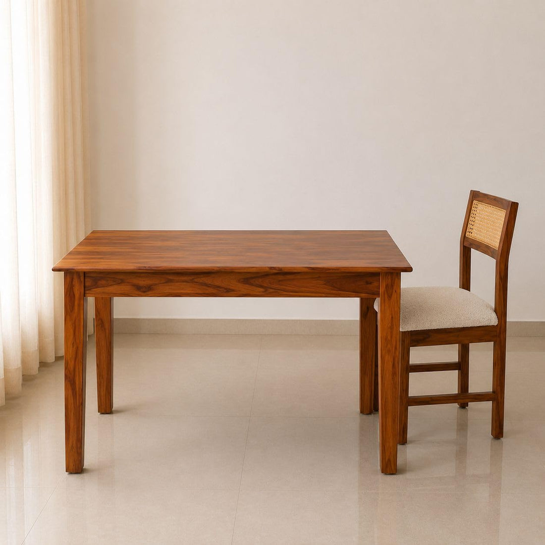 Arden Solid Sheesham Wood & Cane Dinner Set Table with Chair |Wooden Dining Table Set with Cushioned Chairs for Dining Room | Living Room | Home & Office -Honey