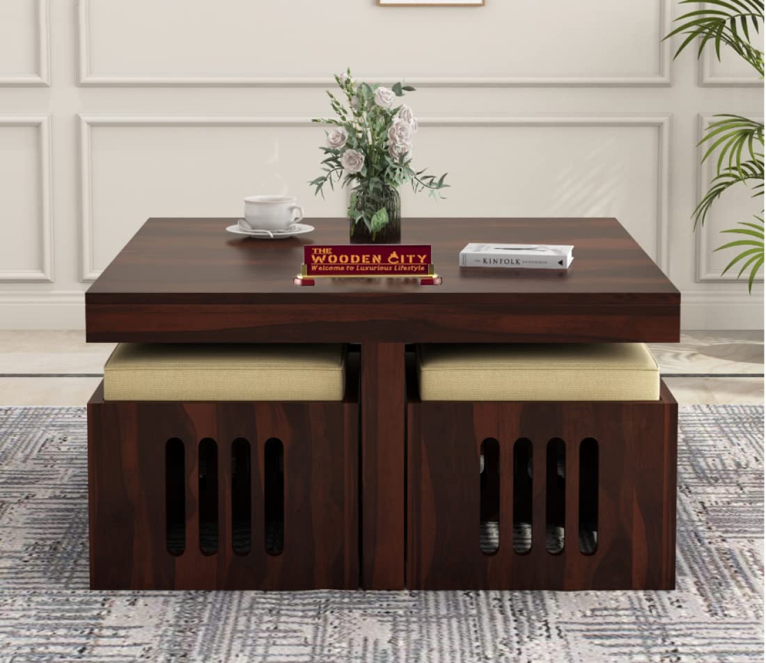 Solid Sheesham Wood Coffee Table with 4 Relaxing Cushion Stool for Living Room | Wooden Table| Small Space Center Table to Look Like Royal Outdoor and Indoor (Walnut)