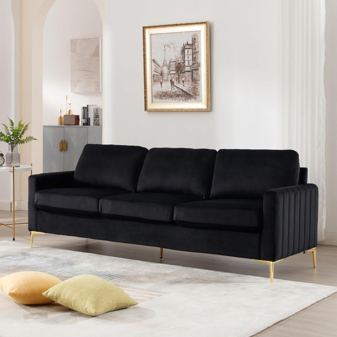 THE WOODEN CITY Monto Velvet Fabric Sofa En 5- to 6-Person Sofa 3+1+1 Sofa Set (Black) (Black, 3+1+1)