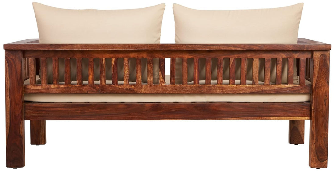 THE WOODEN CITY Solid Sheesham Wood 2-Seater Sofa with Cushions (Natural Finish)