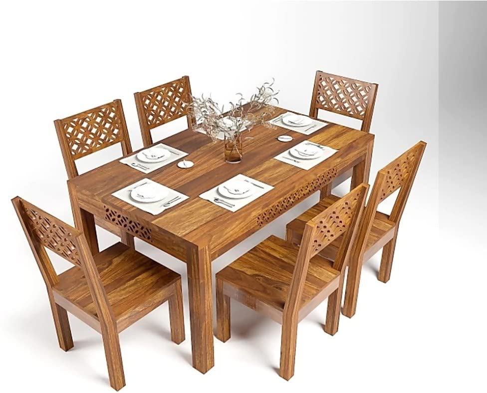 THE WOODEN CITY Solid Sheesham Wood Six Seater Dining Table Set with 6 Cushion cnc Chairs for Dining Room honey