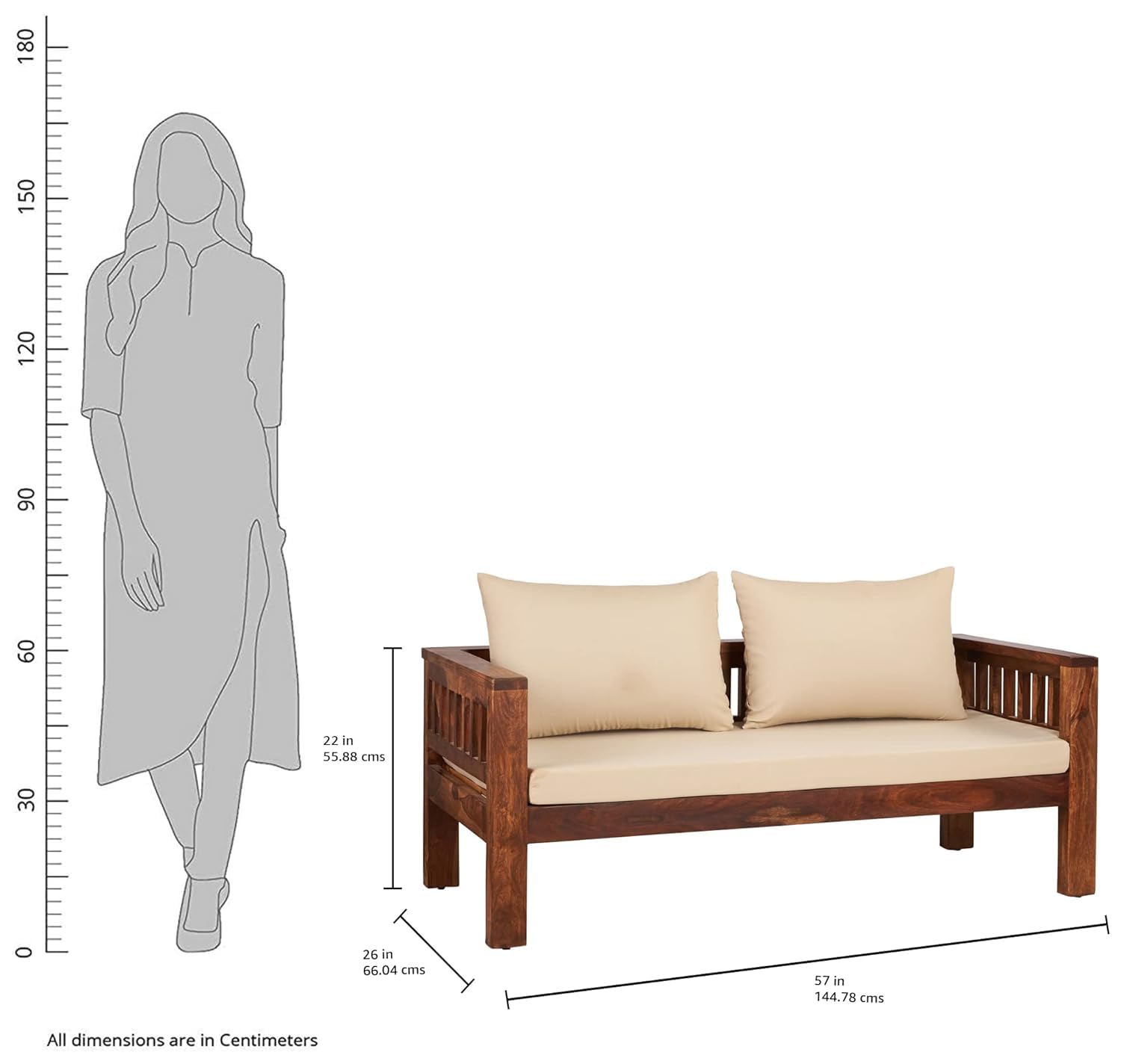 THE WOODEN CITY Solid Sheesham Wood 2-Seater Sofa with Cushions (Natural Finish)