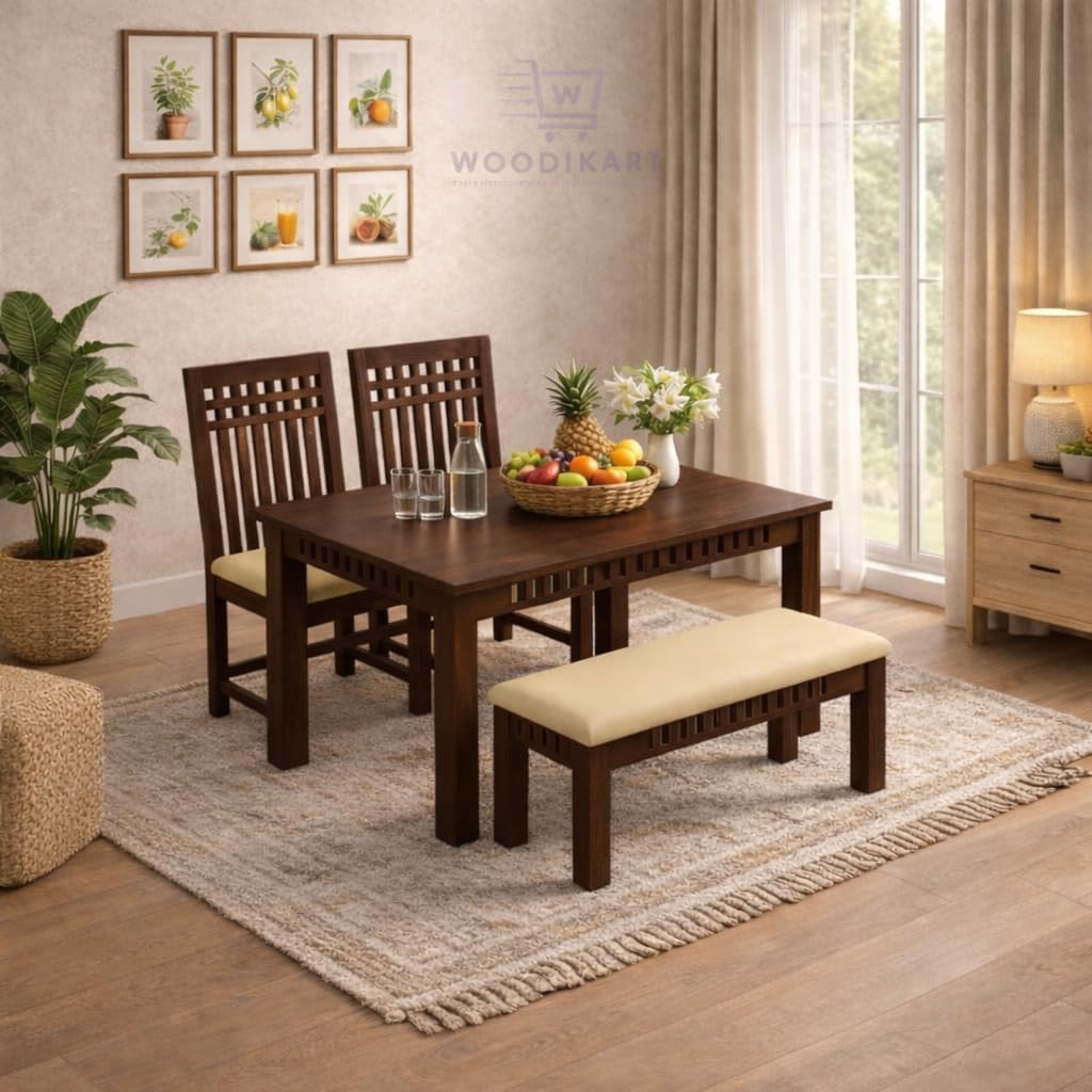 Solid Sheesham Wood Dining Table with Chairs & Bench | Wooden Dinner Table Set for Dinning Room Home & Hotel| Modern Dining Room Set | Customer Self Assembly (Walnut U, 4 Seater)