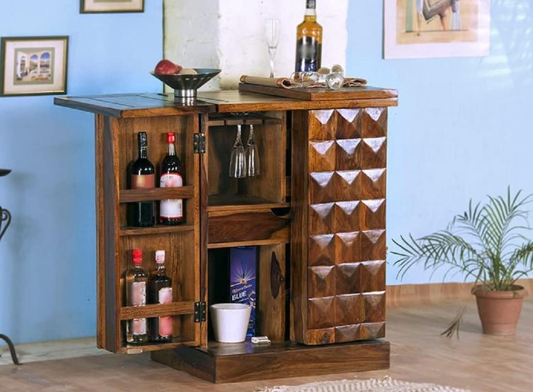 THE WOODEN CITY Solid Sheesham Wood Bar Cabinet Wooden for Home and Bar Furniture Standard Honey2door