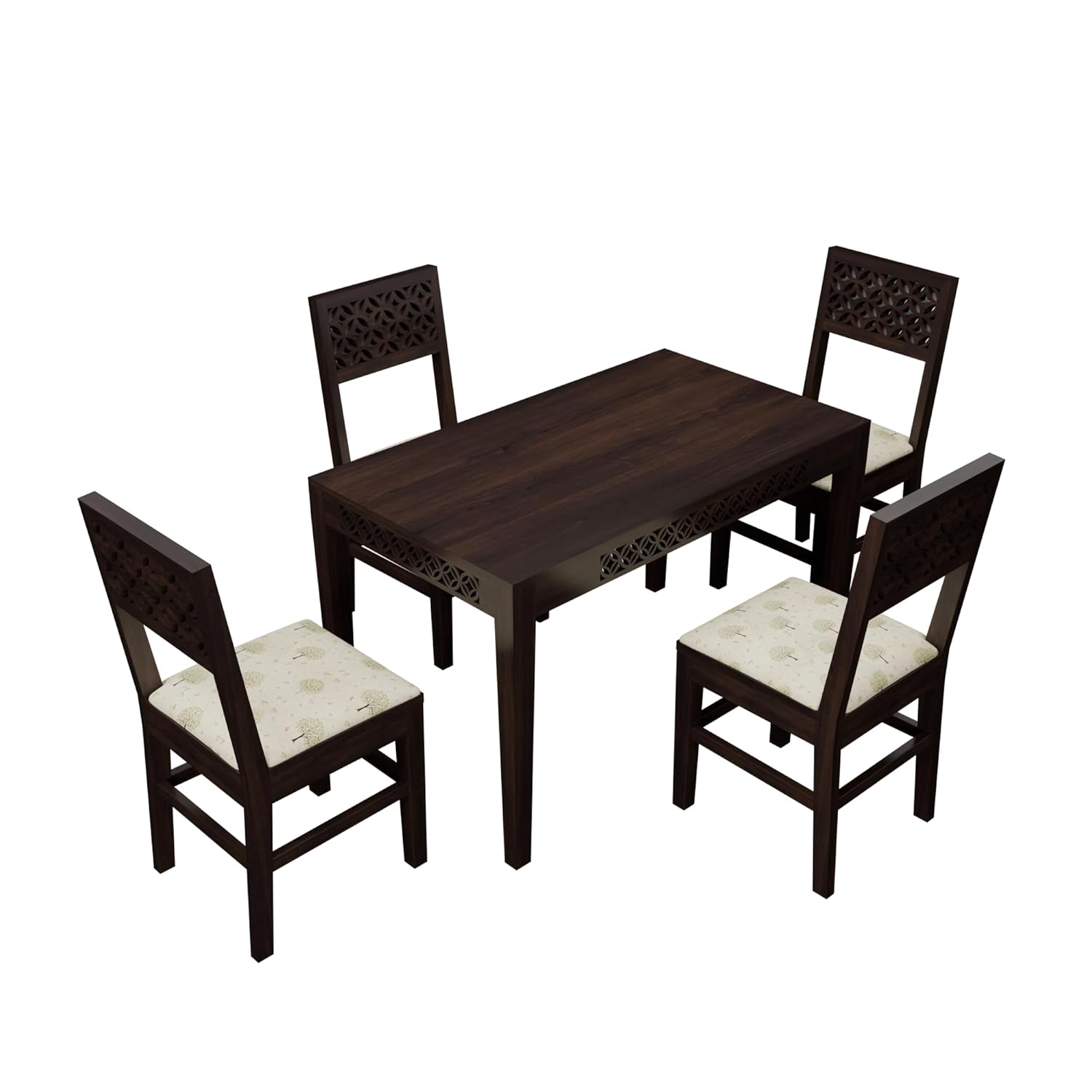 THE WOODEN CITY Dining Table 4 Seater | Four Seater Dinning Table with 4 Chairs with Beige Cushions for Home | Rosewood, Walnut Finish Self Assembly(DIY)