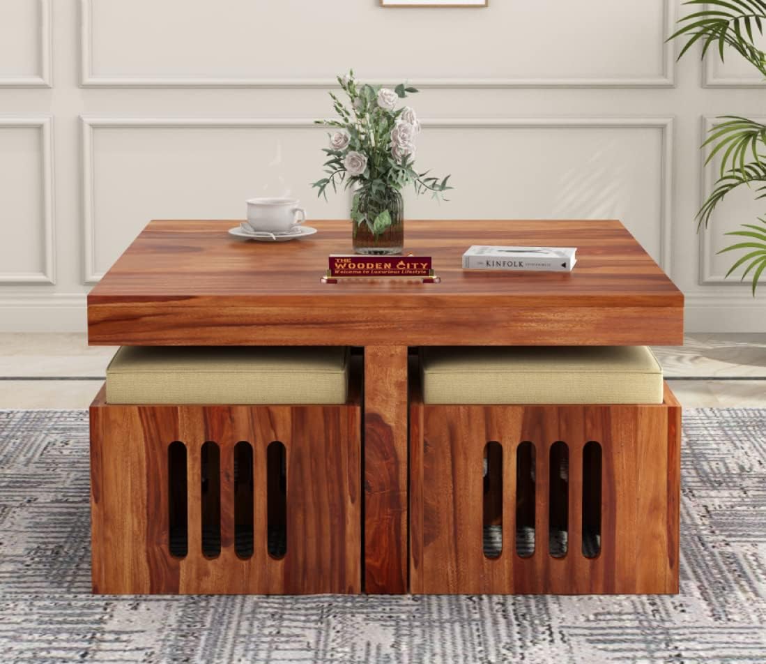 Solid Sheesham Wood Coffee Table with 4 Relaxing Cushion Stool for Living Room | Wooden Table| Small Space Center Table to Look Like Royal Outdoor and Indoor (Honey)