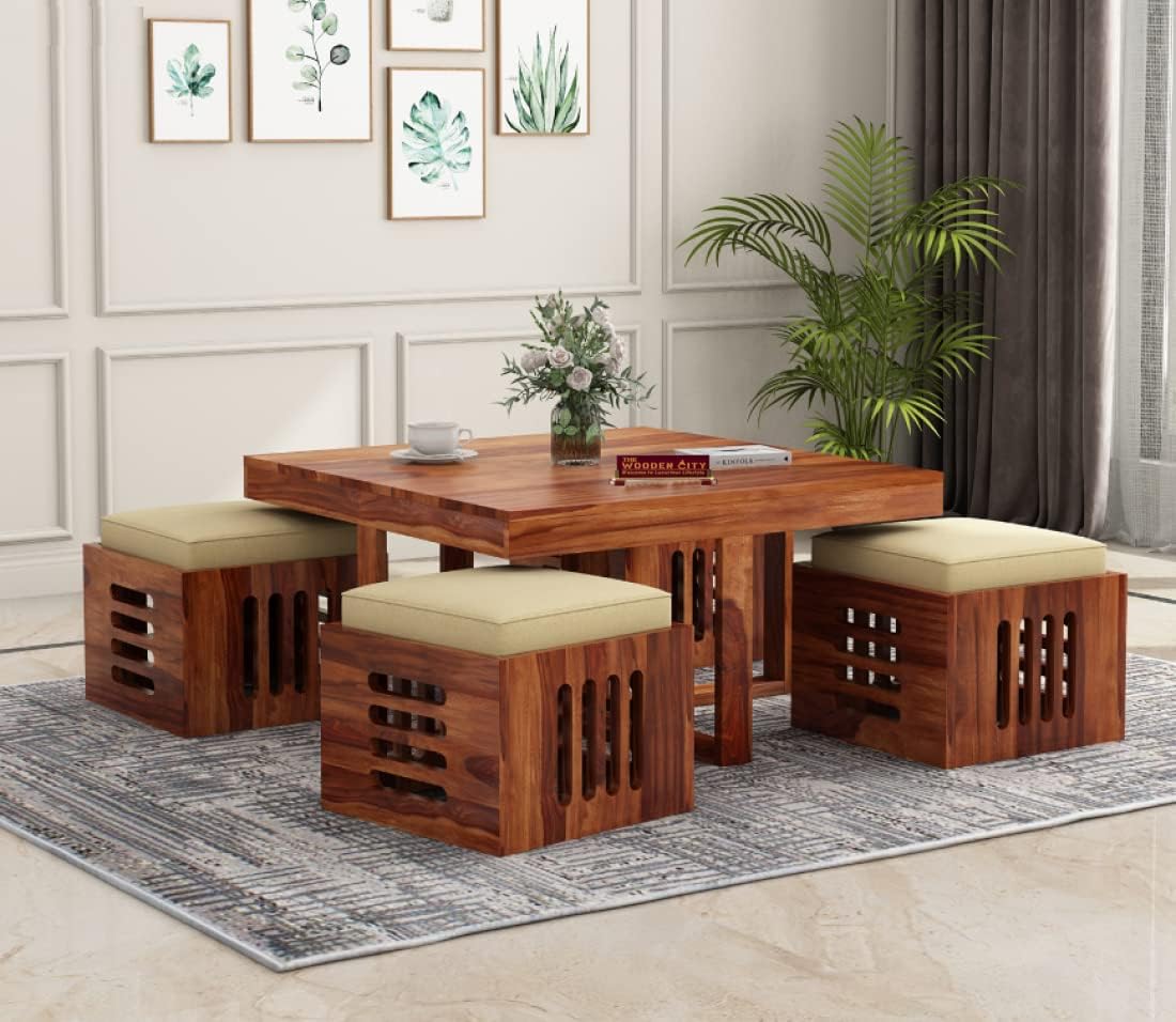 Solid Sheesham Wood Coffee Table with 4 Relaxing Cushion Stool for Living Room | Wooden Table| Small Space Center Table to Look Like Royal Outdoor and Indoor (Honey)