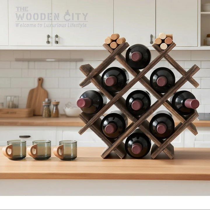 Small Vintage Wine Rack - Freestanding Wood Vertical Racks, Countertop/Tabletop Corner Rack with Shelf, Space-Saving Storage & Wine Holder