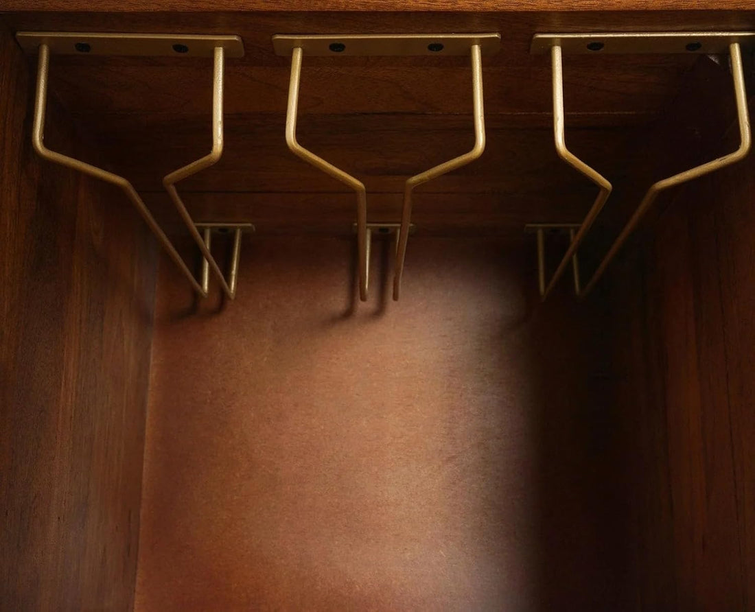 THE WOODEN CITY Wood Rattan Cane Bar Cabinet with Glass Holder Storage (Walnut,Standard)