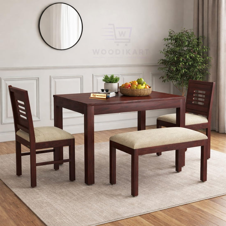 Solid Sheesham Wood Dining Table with Chairs & Bench | Wooden Dinner Table Set for Dinning Room Home & Hotel| Modern Dining Room Set | Customer Self Assembly (Walnut B, 4 Seater)