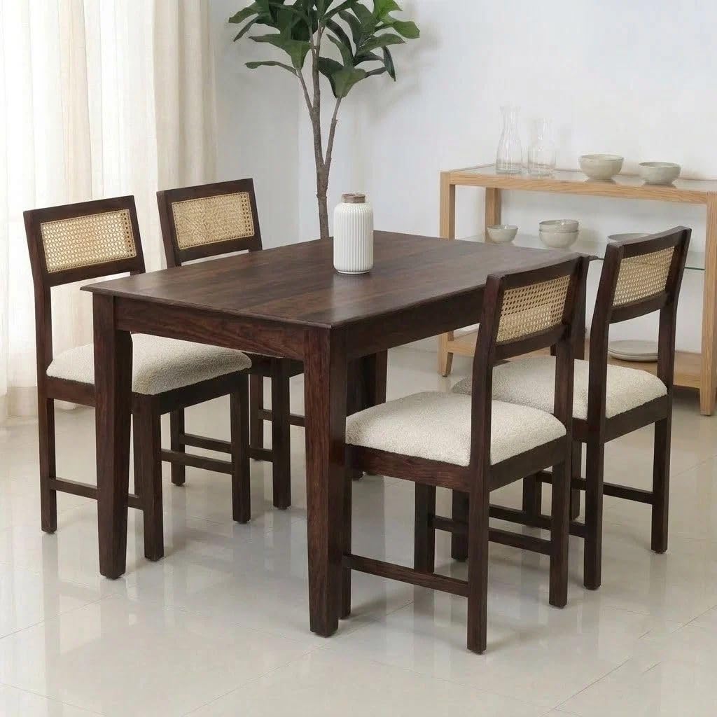 Arden Solid Sheesham Wood & Cane Dinner Set Table with Chair |Wooden Dining Table Set with Cushioned Chairs for Dining Room | Living Room | Home & Office -Walnut