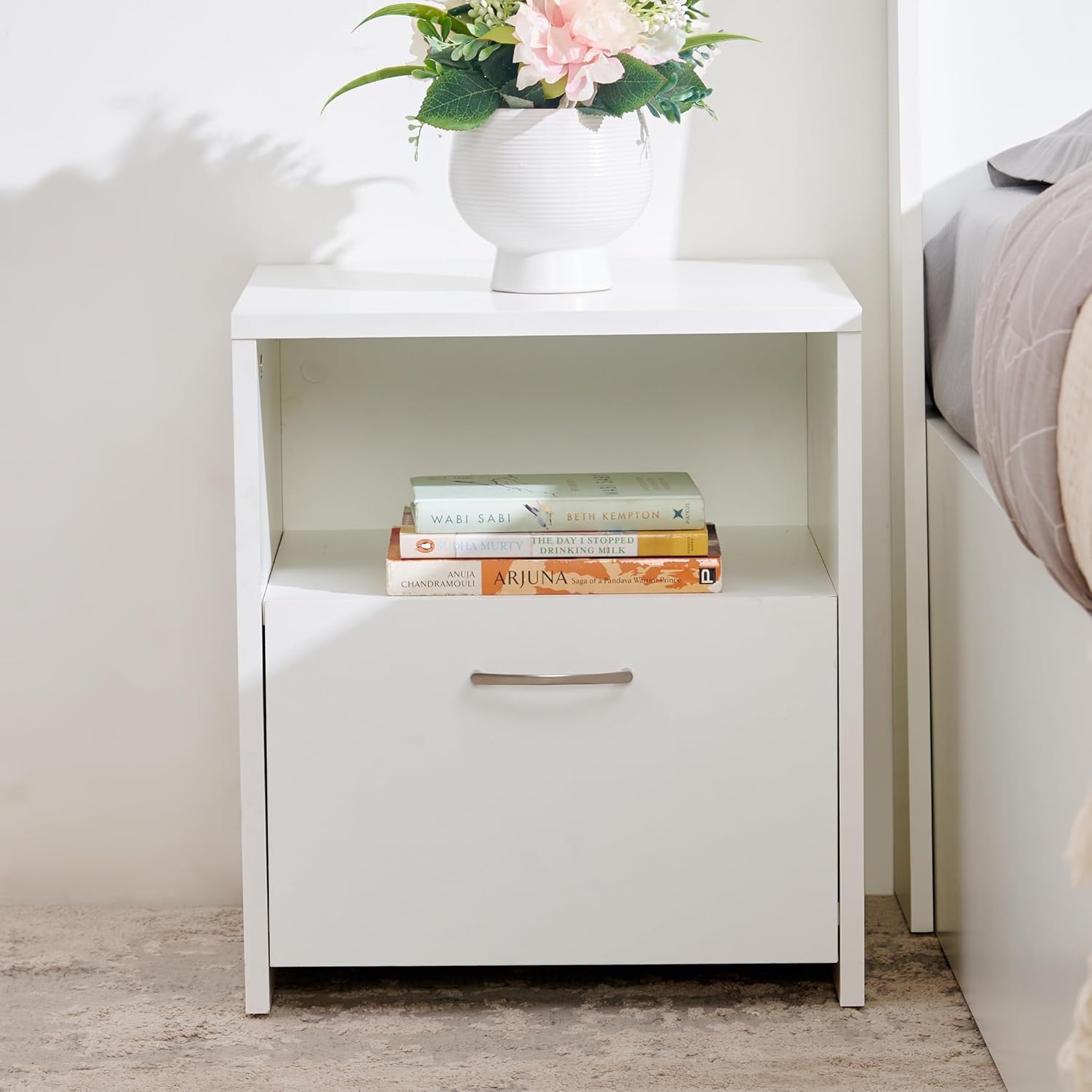 THE WOODEN CITY Wooden Bedside Table | Bed Side Table for Bedroom | 1 Drawer | Solid Wood Sheesham, White