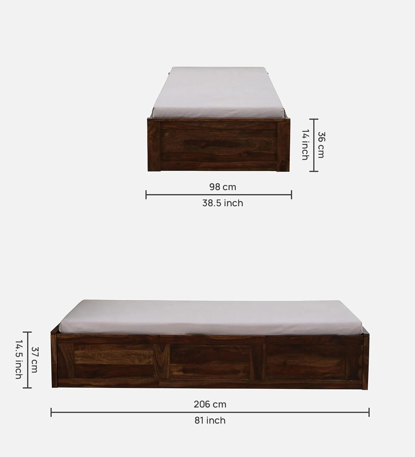 THE WOODEN CITY Solid Sheesham Wood Single Bed Cot | Single Size Bed for Bedroom | Multipurpose Use Bed (206x98x37cm) (Recommend Mattress size-78x36 inch) (Walnut)