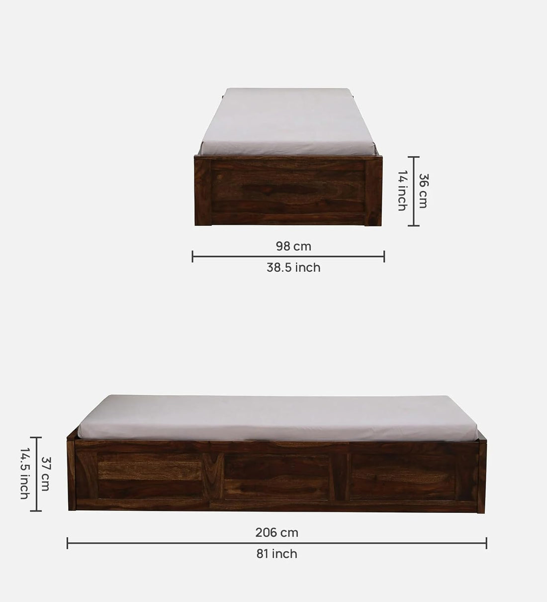 THE WOODEN CITY Solid Sheesham Wood Single Bed Cot | Single Size Bed for Bedroom | Multipurpose Use Bed (206x98x37cm) (Recommend Mattress size-78x36 inch) (Walnut)