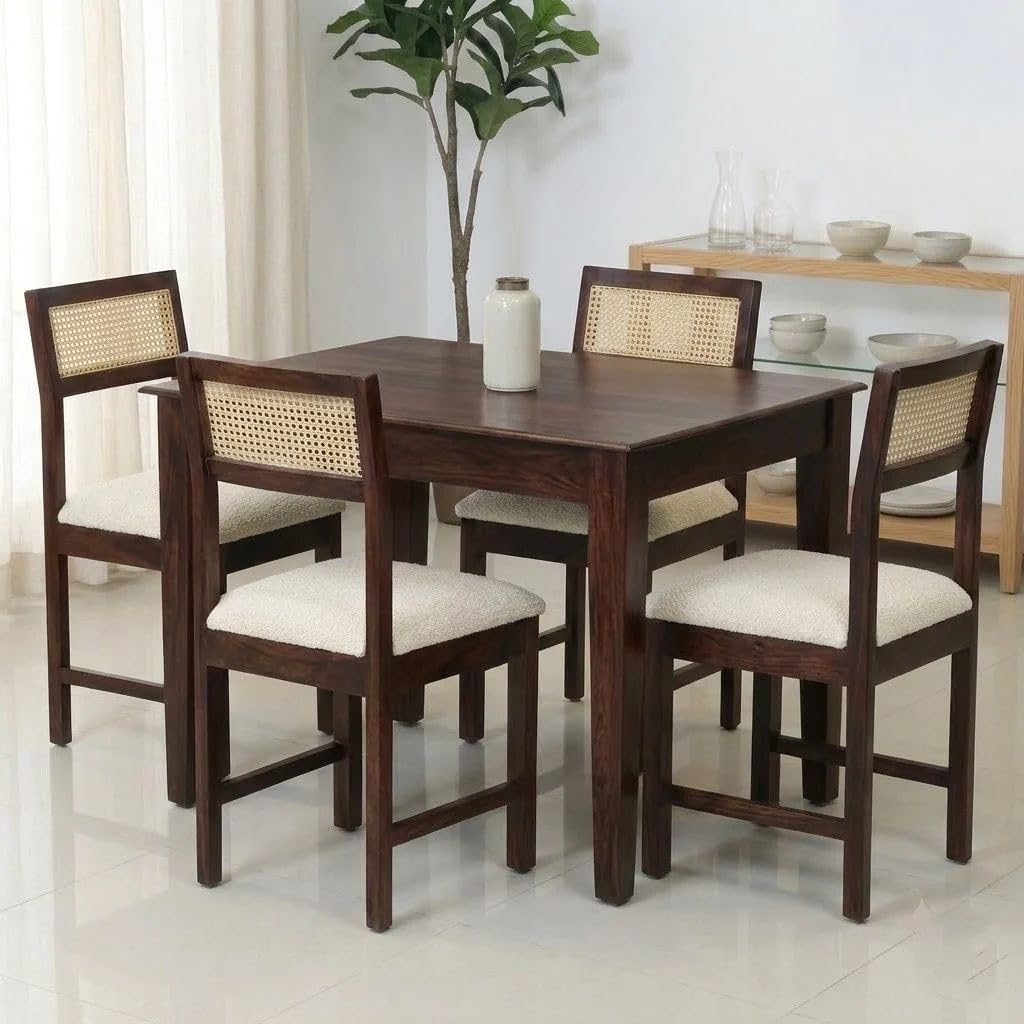 Arden Solid Sheesham Wood & Cane Dinner Set Table with Chair |Wooden Dining Table Set with Cushioned Chairs for Dining Room | Living Room | Home & Office -Walnut
