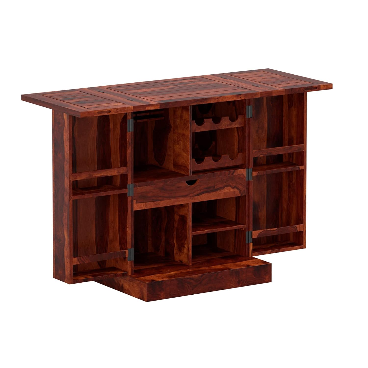 THE WOODEN CITY Solid Sheesham Wood Bar Cabinet Wine Storage Rack with Drawer & Glass Holder, Wooden for Home and Bar Furniture (DarkHoney2door, Standard)