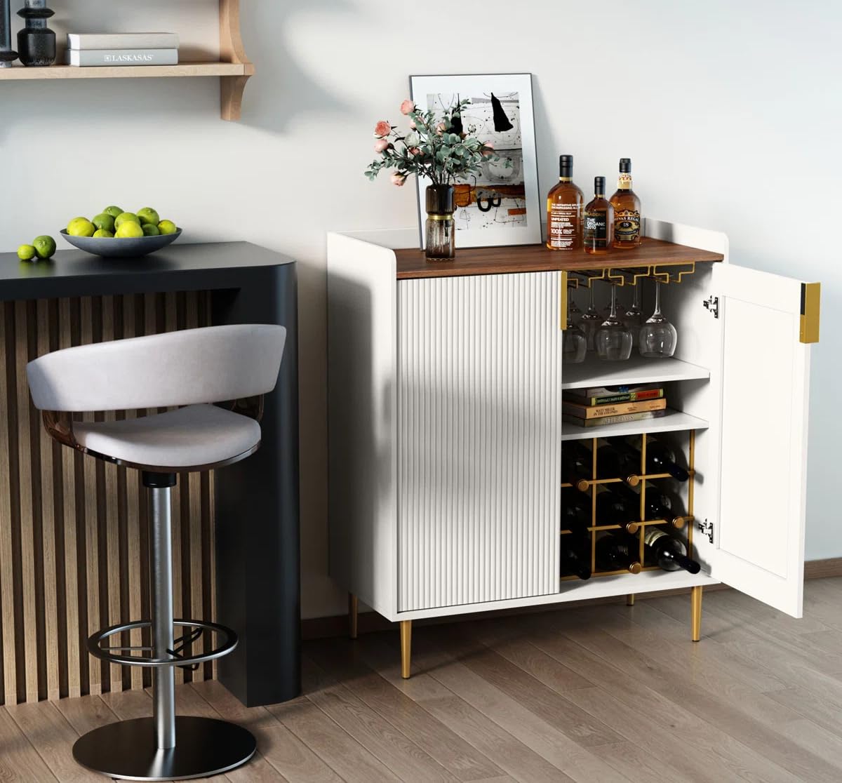 THE WOODEN CITY Solid Wood Wine Cabinet | Wooden Bar Cabinet Storage Rack with Drawer & Glass Holder, Wooden for Home and Bar Furniture (White)