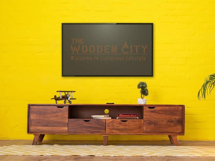 THE WOODEN CITY Solid Wood TV Entertainment Unit For Living Room & Bedroom Furniture (Finish Color - Natural Teak, Pre-Assembled)