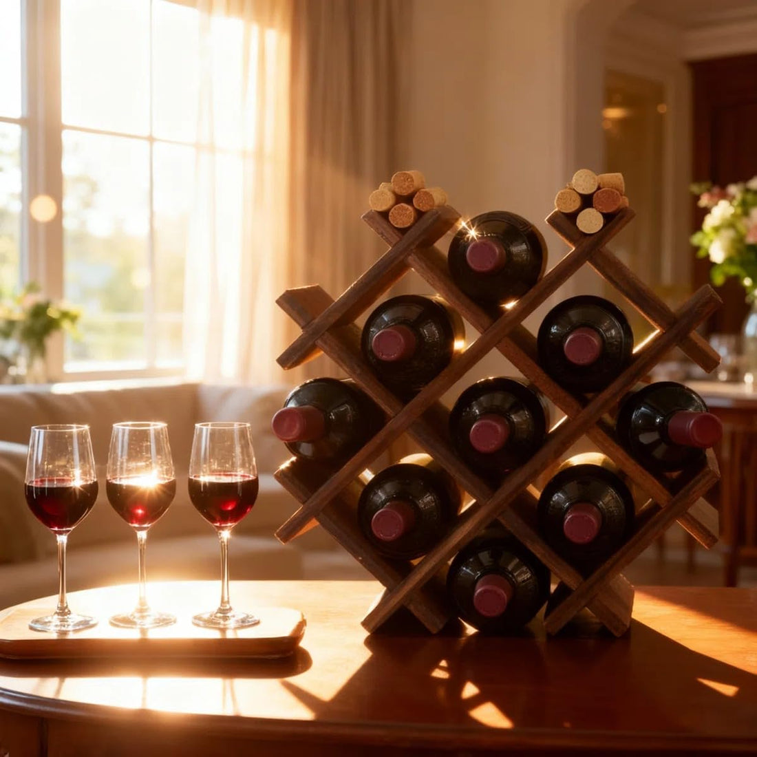 Small Vintage Wine Rack - Freestanding Wood Vertical Racks, Countertop/Tabletop Corner Rack with Shelf, Space-Saving Storage & Wine Holder