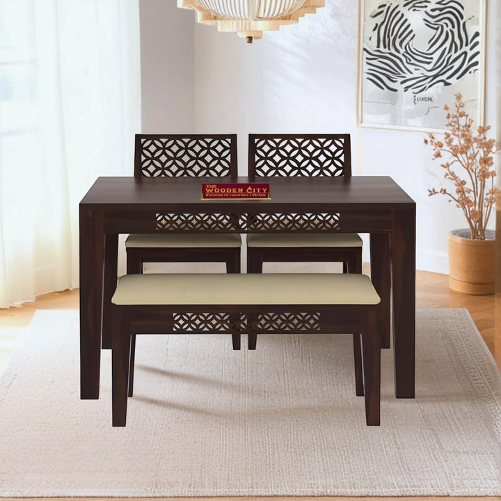 THE WOODEN CITY Solid Sheesham Wood Dining Table 4 Seater Dining Table Set with 2 Chairs & 1 Bench Dinner Table Set (walnut)