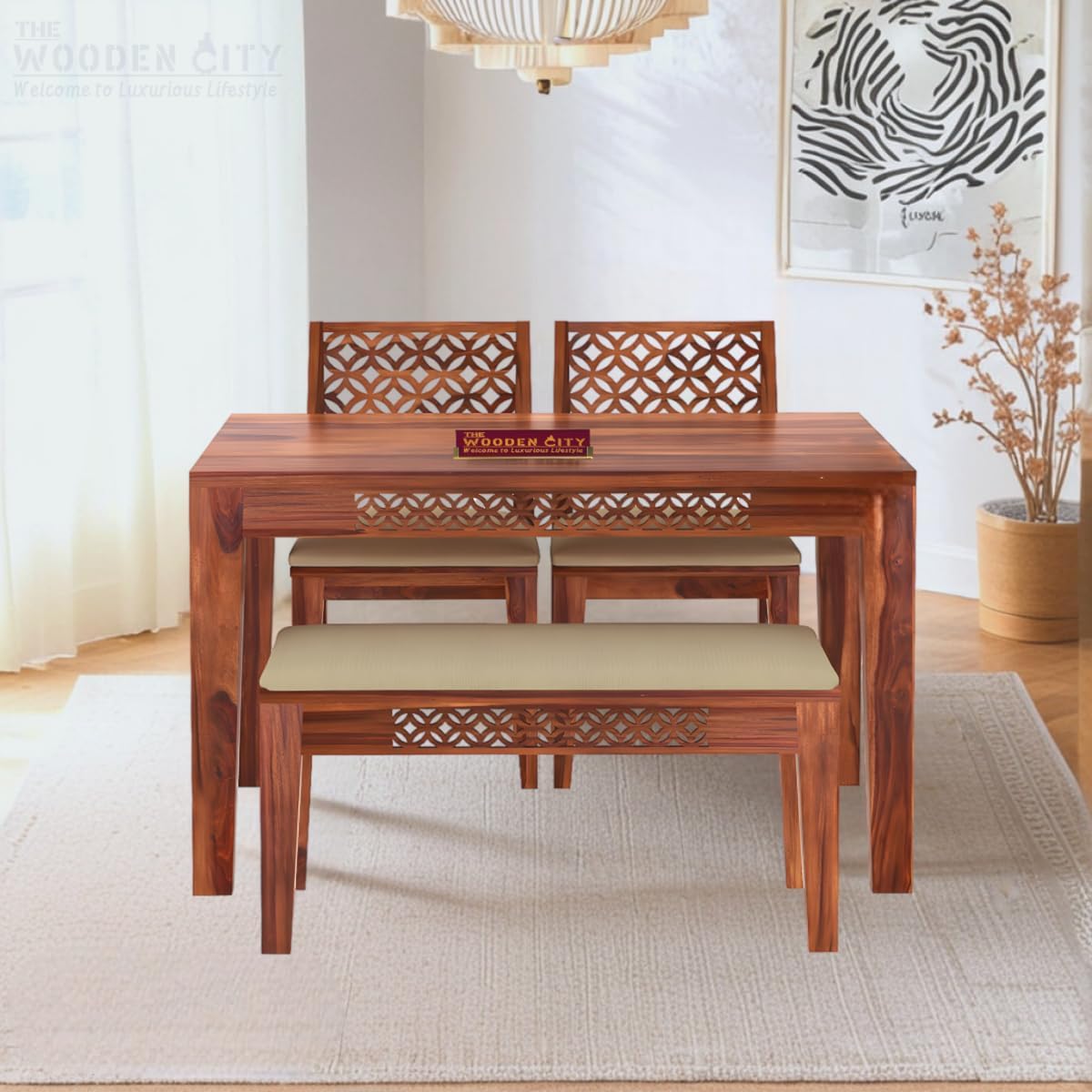 THE WOODEN CITY Solid Sheesham Wood Dining Table 4 Seater Dining Table Set with 2 Chairs & 1 Bench Dinner Table Set