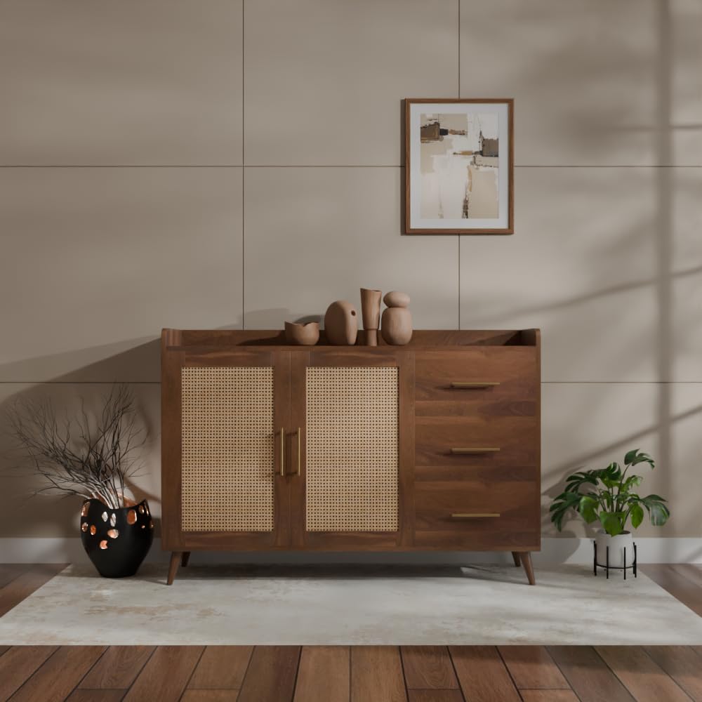 Rattan Cane Solid Sheesham Wood Bar Cabinet Wine Storage Rack with Drawer & Glass Holder, Wooden for Home and Bar Furniture (Honey)