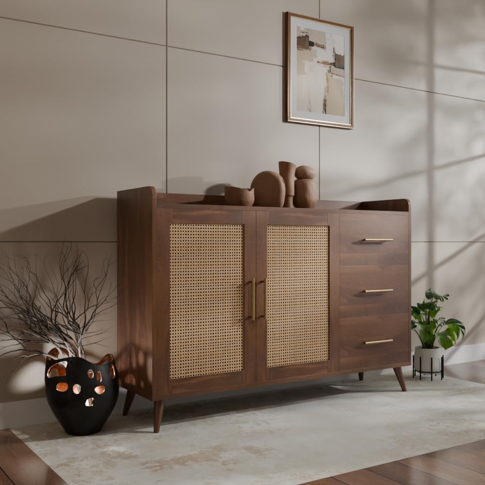 Rattan Cane Solid Sheesham Wood Bar Cabinet Wine Storage Rack with Drawer & Glass Holder, Wooden for Home and Bar Furniture (Honey)