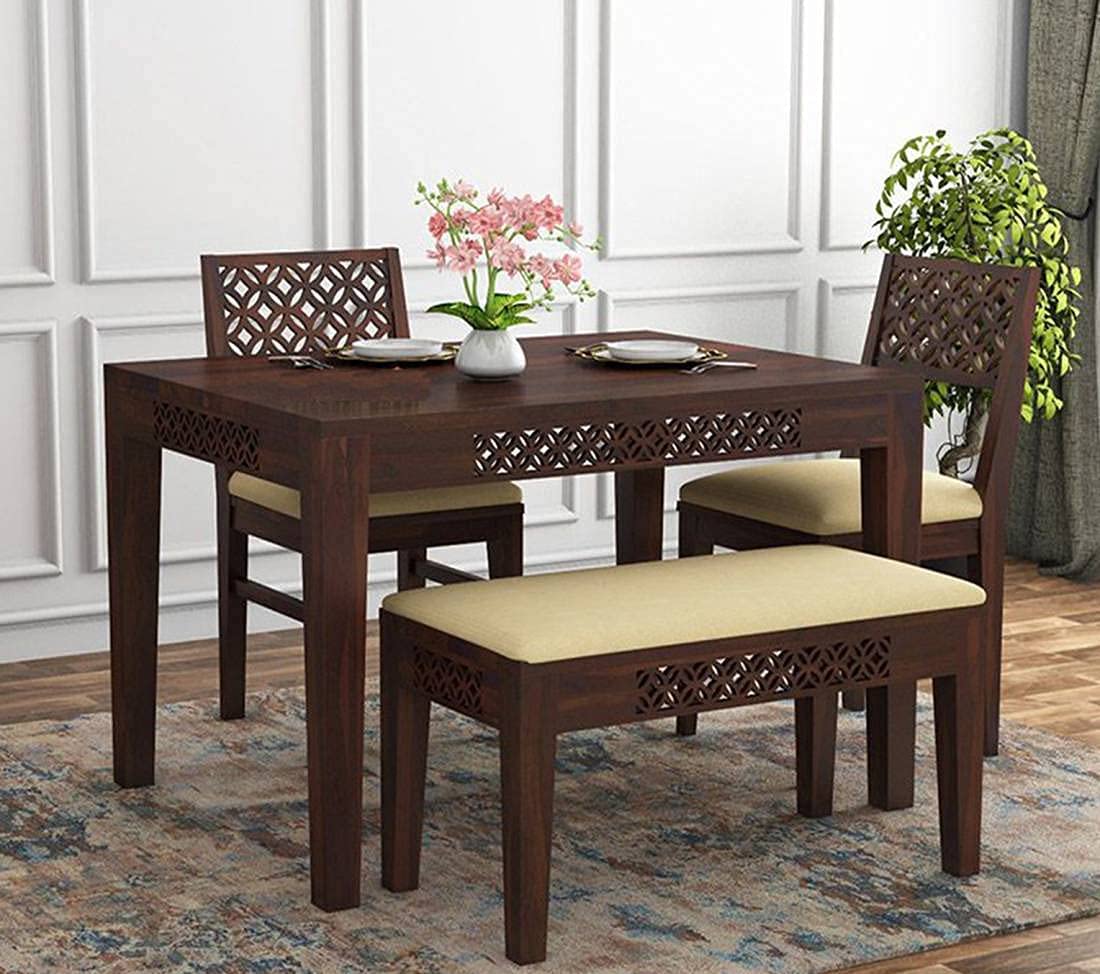 THE WOODEN CITY Solid Sheesham Wood Dining Table 4 Seater Dining Table Set with 2 Chairs & 1 Bench Dinner Table Set (walnut)