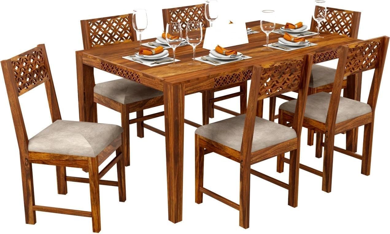 THE WOODEN CITY Sheesham Wood CNC 6 Seater Dining Table with Chairs | Wooden Six Seater Dining Room Set Dinner Table Furniture for Living Room Home Hotels - (Honey)