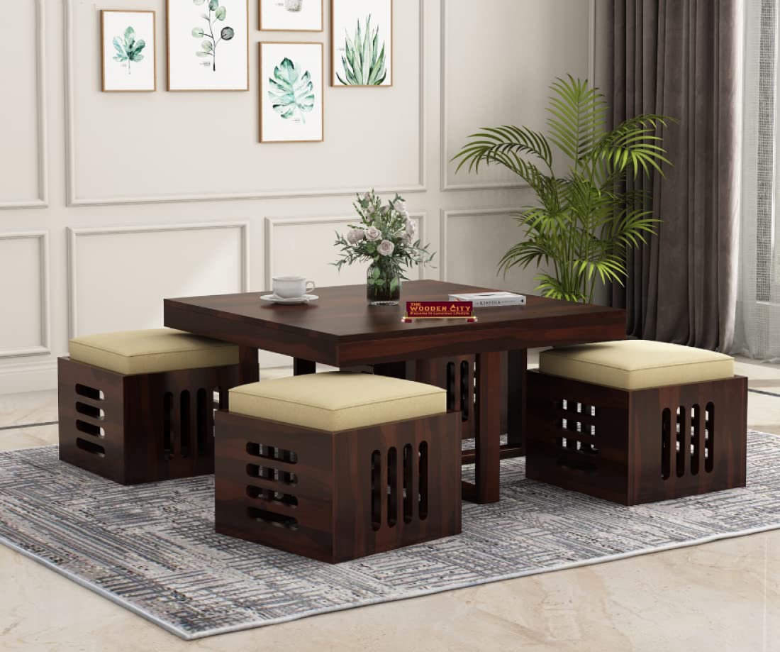 Solid Sheesham Wood Coffee Table with 4 Relaxing Cushion Stool for Living Room | Wooden Table| Small Space Center Table to Look Like Royal Outdoor and Indoor (Walnut)