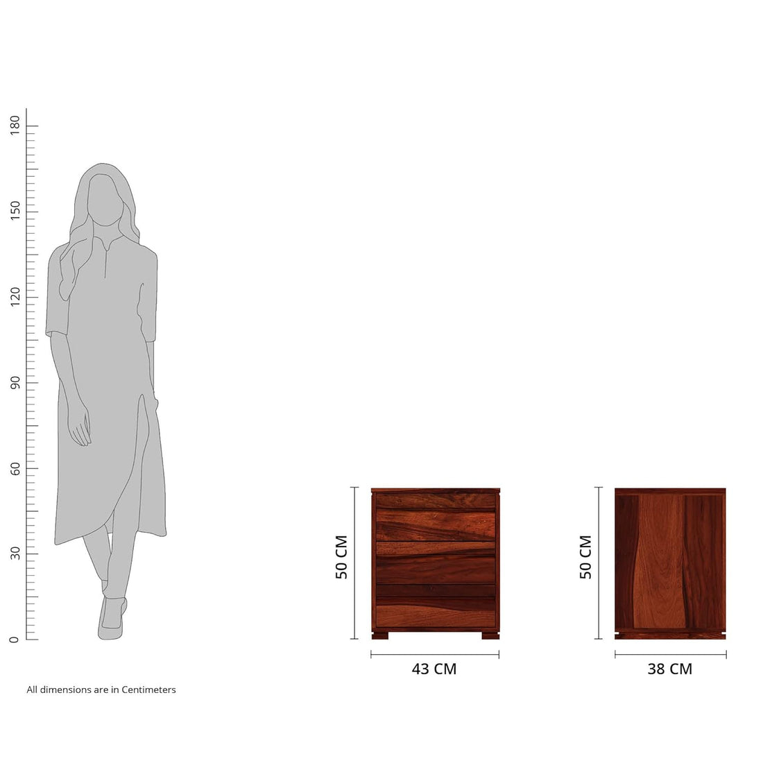 THE WOODEN CITY Sheesham Wood Bedside Table with 3 Drawers (Honey Finish)